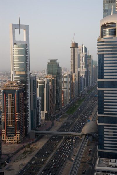 Sheik Zayed Road, Dubai Sheik Zayed Road (view of the traffic and metro station exterior), Dubai. Image and original data provided by Art on File.