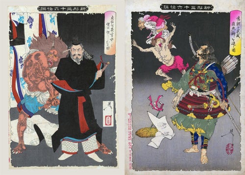 Left: Tsukioka Yoshitoshi | New Forms of Thirty-six Ghosts: Sadanobu Threatening a Demon in the Palace at Night | 1889. Right: Tsukioka Yoshitoshi | New Forms of Thirty-six Ghosts: The Ferocity of Tametomo Driving Away the Smallpox Demons | 1890.  Scripps College: Ruth Chandler Williamson Gallery 