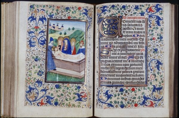 Attributed to Studio of unknown French (illuminator), Possibly Style of unknown Flemish (illuminator). c.1470 (creation date). Book of Hours (Horae Beatae Mariae Virginis in Usum Ecclesiae Romanae cum Calendario), Folio 86v: Hours of the Virgin: Compline: Entombment, overall, left, with Folio 87r at right. Illumination, Leaf (component), Manuscript. Place: Trinity College, Watkinson Library (Hartford, Connecticut, USA).