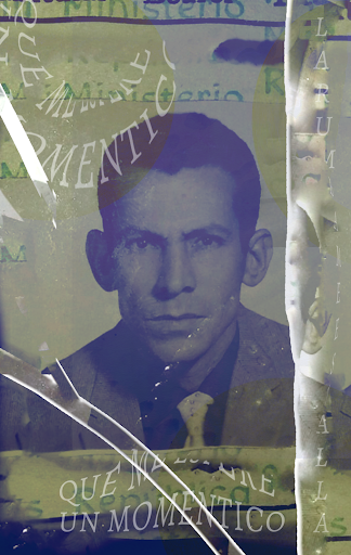 A portait of a man in blue and green hues.