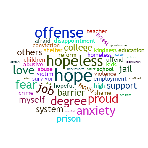 A word cloud with several sized words like offense, hope, hopeless, and barrier. 