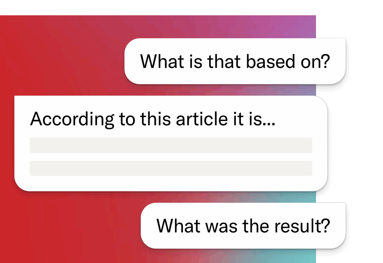 Chat-style interface showing questions such as ‘What is that based on?’ and ‘What was the result?’ with an AI response referencing an article’s findings.
