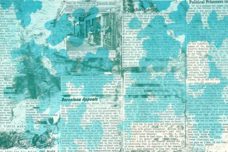 A scanned zine-style page with dense typed text, blue ink washes, and small illustrations, including a prison cell photo and drawings. The page discusses political prisoners, prison writing, and activist appeals.