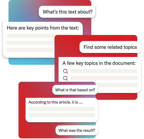 A collage of colorful text boxes showing prompts and responses from JSTOR’s AI research tool, including questions like “What’s this text about?” and “Find some related topics.”