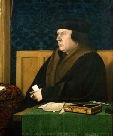 This image is a portrait of Thomas Cromwell, painted by Hans Holbein the Younger around 1532-1533. Cromwell is depicted seated, facing left, wearing dark clothing with a fur collar and a black hat. His expression is serious and contemplative. He holds a paper in his right hand, while various items, including a letter and a small ornate box, are arranged on a green-covered table in front of him. The background is dark with a subtle patterned design. The painting captures the somber, calculating demeanor often associated with Cromwell, a key advisor to King Henry VIII of England.