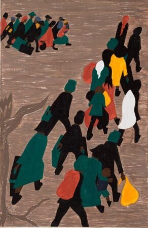 An artwork by Jacob Lawrence from the *Migration Series* (1940–1941), illustrating a group of people in motion. The composition features silhouetted figures, some carrying bags and belongings, moving purposefully across a textured brown background. The use of bold colors like green, yellow, red, and black emphasizes the figures and their collective journey. In the background, smaller groups sit, symbolizing rest or waiting. The piece powerfully conveys themes of migration, resilience, and determination through its stylized forms and dynamic arrangement.