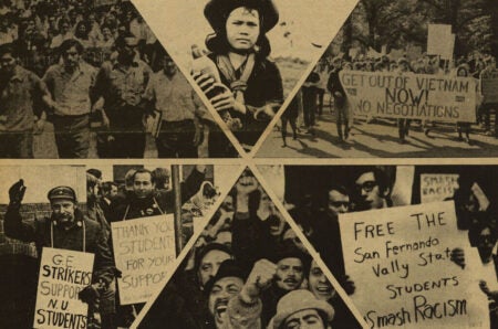 A combination of archival images showcasing various student demonstrations.