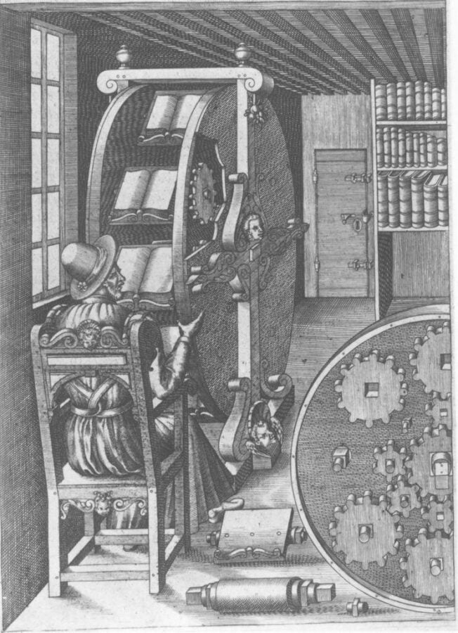 A black-and white drawing showing a scholar sitting at a wide, vertical carousel that holds books, operating the wheel to switch between volumes. An inset on the right side shows the detail of the gear mechanism, and the book holders and axle are lying on the ground next to the patron.