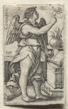 An ink illustration of an angel with wings, robe, and crown of leaves pointing to a figure in the sky while standing over a stack of books.