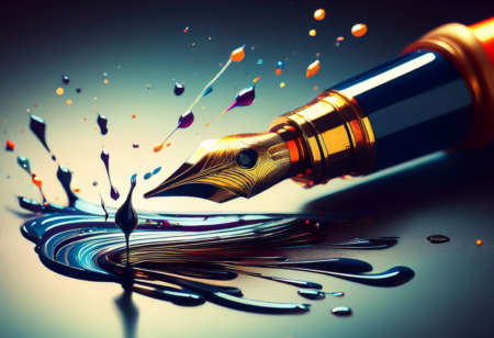 A close-up of a gold fountain pen nib poised above a pool of vibrant ink, with colorful splashes of paint in various hues around it. The background has a soft gradient, enhancing the focus on the pen and the flowing ink, creating a dynamic and artistic composition.