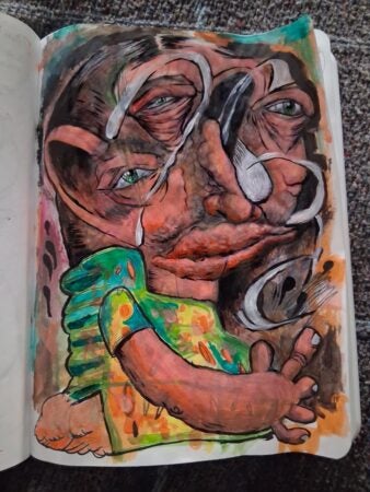 Created by Wyatt Lazer Reed, an expressive mixed-media artwork featuring a distorted human face with exaggerated features, including prominent eyes and a furrowed brow. The face is surrounded by vibrant colors and abstract shapes, conveying a sense of emotional intensity and complexity.