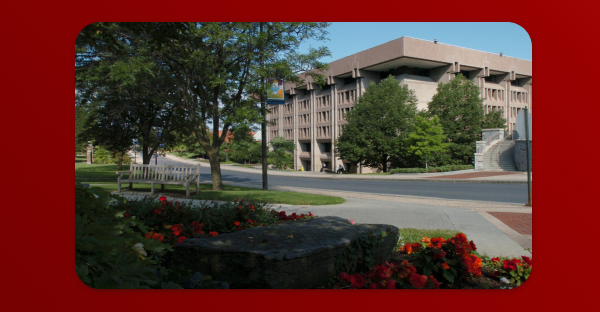 A view of a modern academic building surrounded by trees and greenery on a sunny day. The foreground includes a flower bed with red flowers and a stone bench, while the building in the background features concrete architecture with large windows and shaded walkways. A white bench is visible on the left along the path.