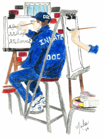 A hand-drawn illustration of an incarcerated artist at work, shown from the side view. The person wears a blue DOC (Department of Corrections) uniform with "INMATE" text and a blue cap, sitting on a stool at an easel. They are depicted holding a paintbrush while working on two canvases - one with visible text that appears to read "hope" and "love," and another blank canvas to their right. Art supplies are scattered at the base of the easel. The illustration is rendered in colored pencil or similar medium, with blue being the dominant color.