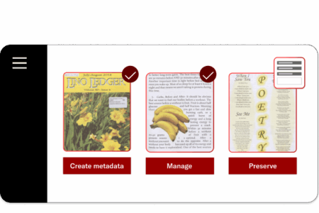 Screenshot of a digital preservation interface showing three documents in a row. The first, titled Lino Ledger, has a yellow cover with daffodils and is labeled “Create metadata.” The second features an image of bananas and a red highlighted section, labeled “Manage.” The third document has a poem titled When I Saw You and is labeled “Preserve.” Each document has a checkmark icon above it indicating progress. A hamburger menu icon is on the left side of the screen.
