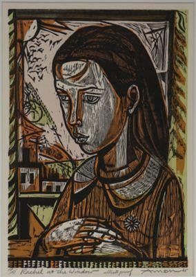 Colorful woodcut print of a young girl with folded hands titled Rachel at the Window by Irving Amen, 1965.