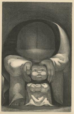 Lithograph of a robed figure holding a baby, titled First Steps by Jean Charlot, 1936.