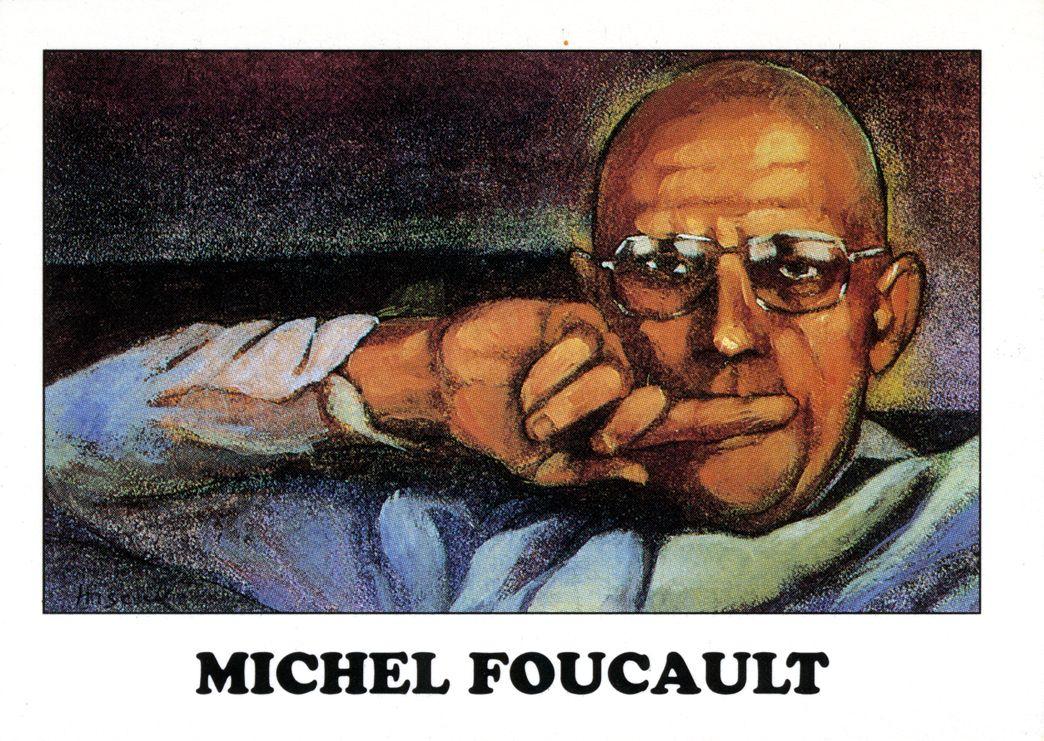 A painted portrait of a bald man with glasses resting his chin on his hand, rendered in warm tones with a contemplative expression. The text “Michel Foucault” appears below.