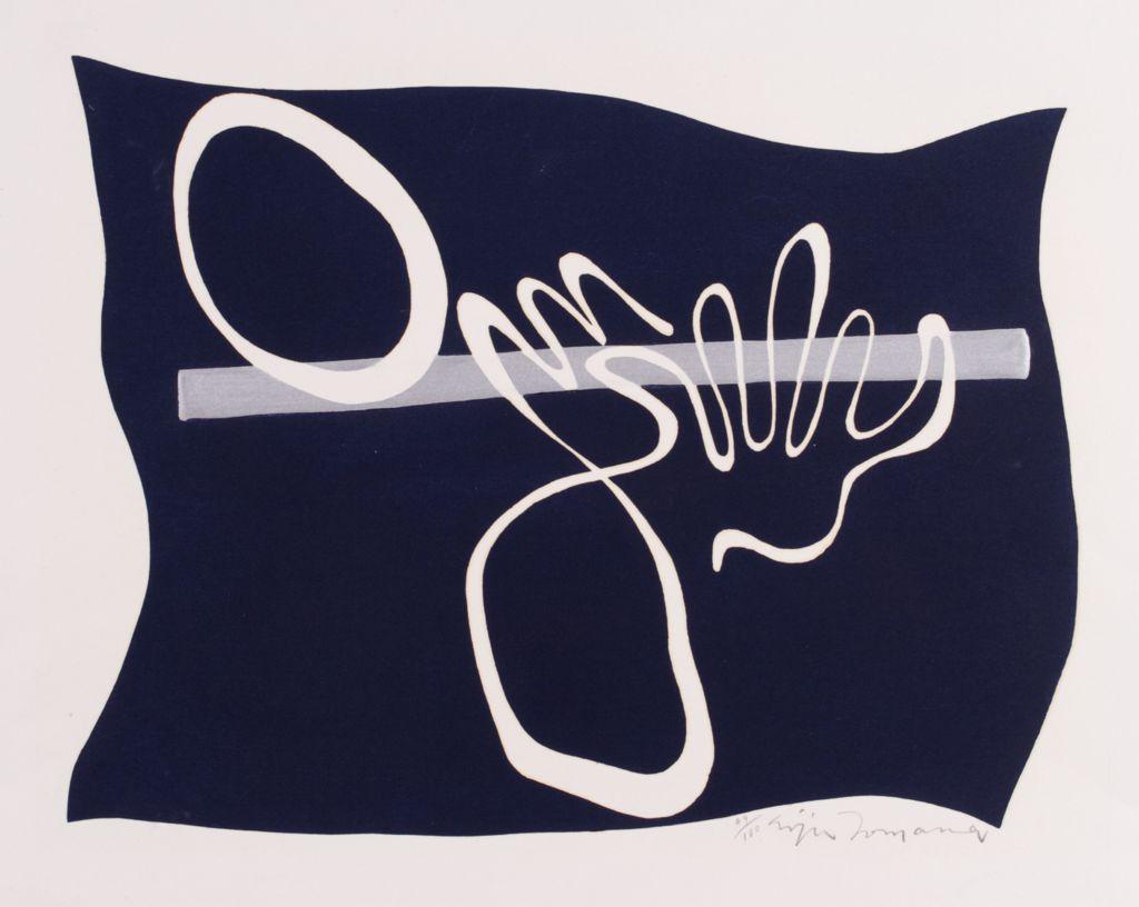 An abstract print featuring white outlined shapes resembling a hand and circular forms over a dark blue background with a horizontal gray bar.