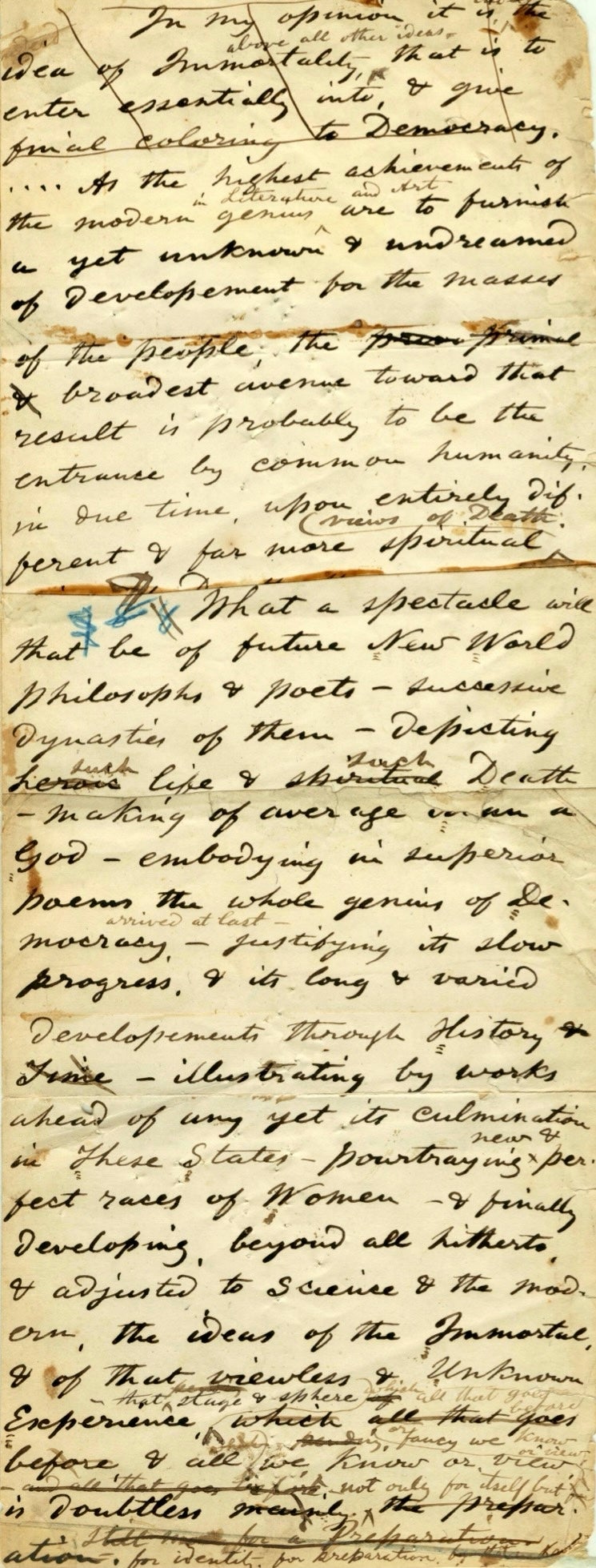 Handwritten manuscript page by Walt Whitman with cursive text discussing democracy and literature.