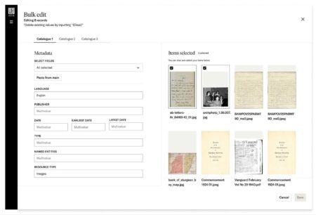 Bulk edit modal with metadata fields on the left (language, publisher, dates, type, named entities, resource type) and a right panel of thumbnails; two items are selected.