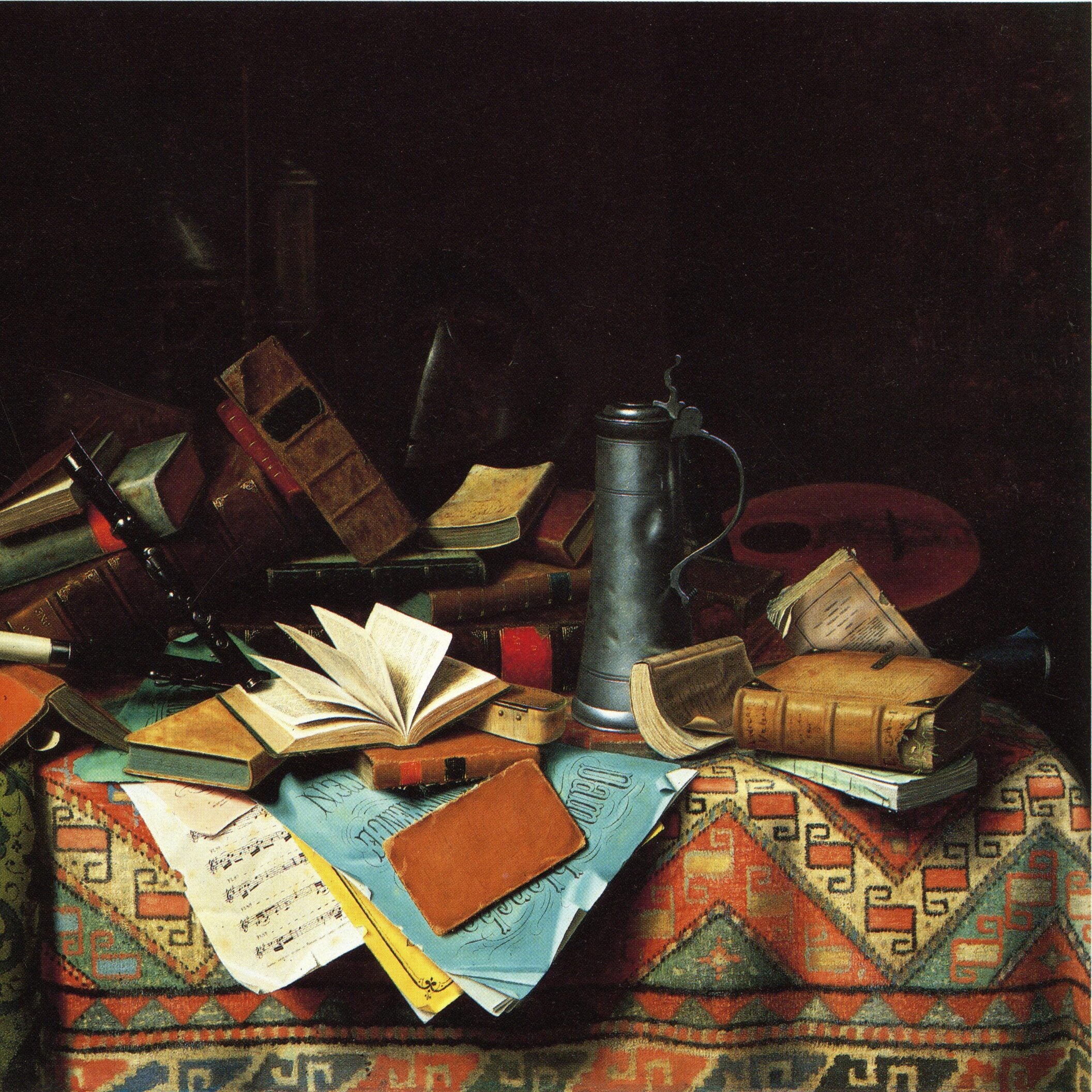 A still-life scene of scattered books, sheet music, and a leather notebook atop a patterned textile, with a metal tankard, a recorder-like instrument, and a red violin partially visible in the background.