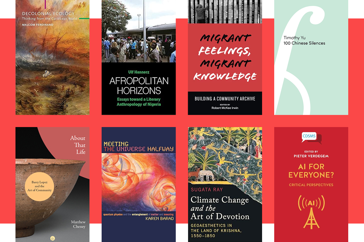 Collage of colorful academic book covers featuring diverse titles and subjects against a red background.