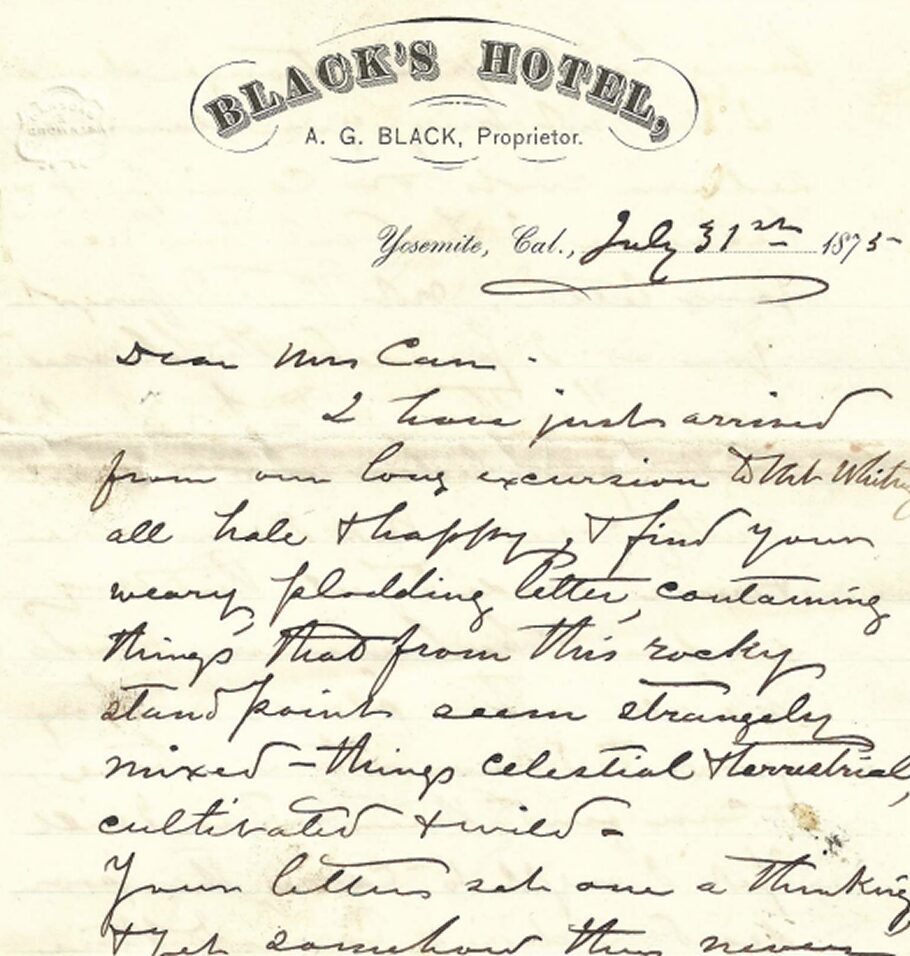 A handwritten letter dated July 31, 1875, on stationery from Black’s Hotel in Yosemite, California.
