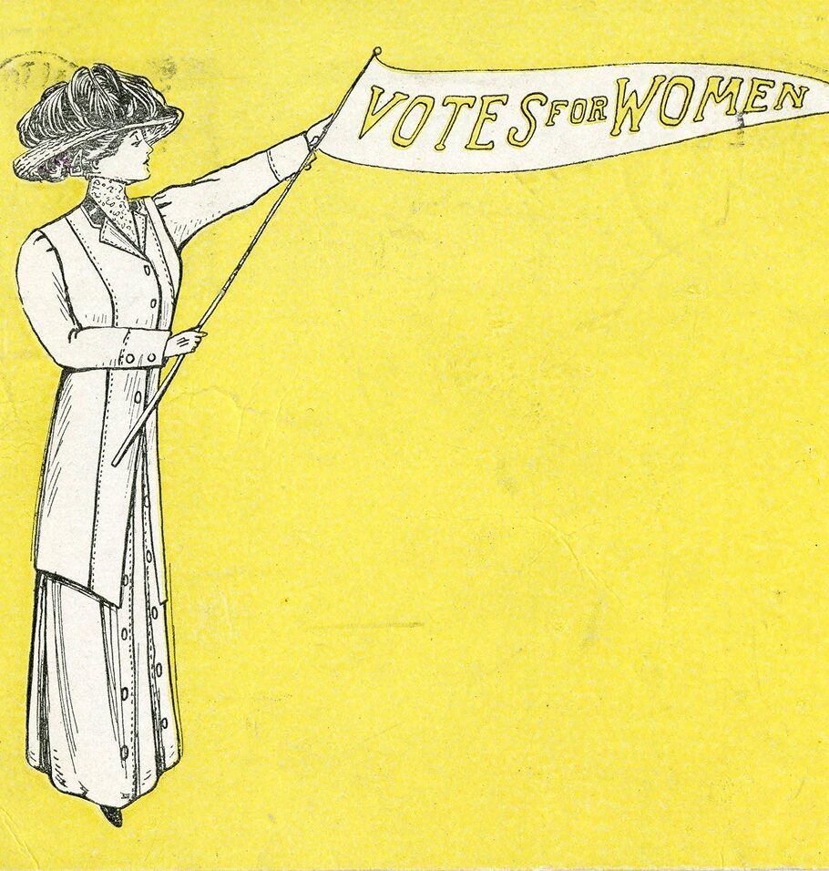 Illustration of a woman in early 20th-century clothing holding a banner that reads “Votes for Women” against a bright yellow background.