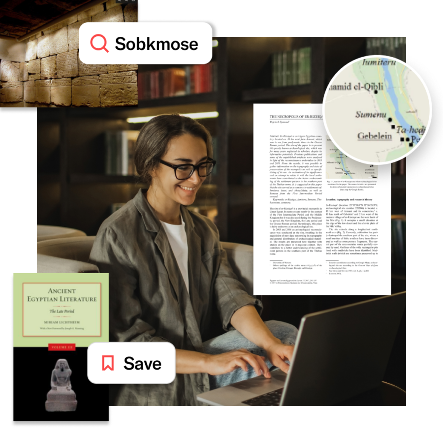 Collage showing a person researching on a laptop with digital overlays, including search results, magnified text, and JSTOR features labeled “Show related content” and “Save.”