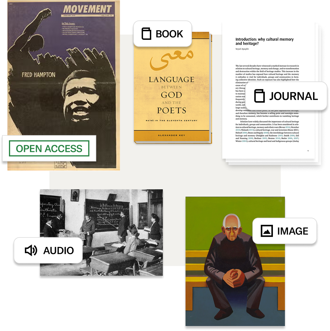 Collage showing various types of scholarly content—open access poster, book, journal article, classroom photo, and artwork—labeled as book, journal, audio, image, and open access.