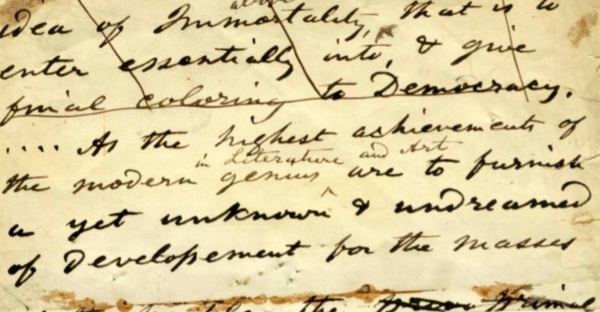 Handwritten manuscript page by Walt Whitman with cursive text discussing democracy and literature.
