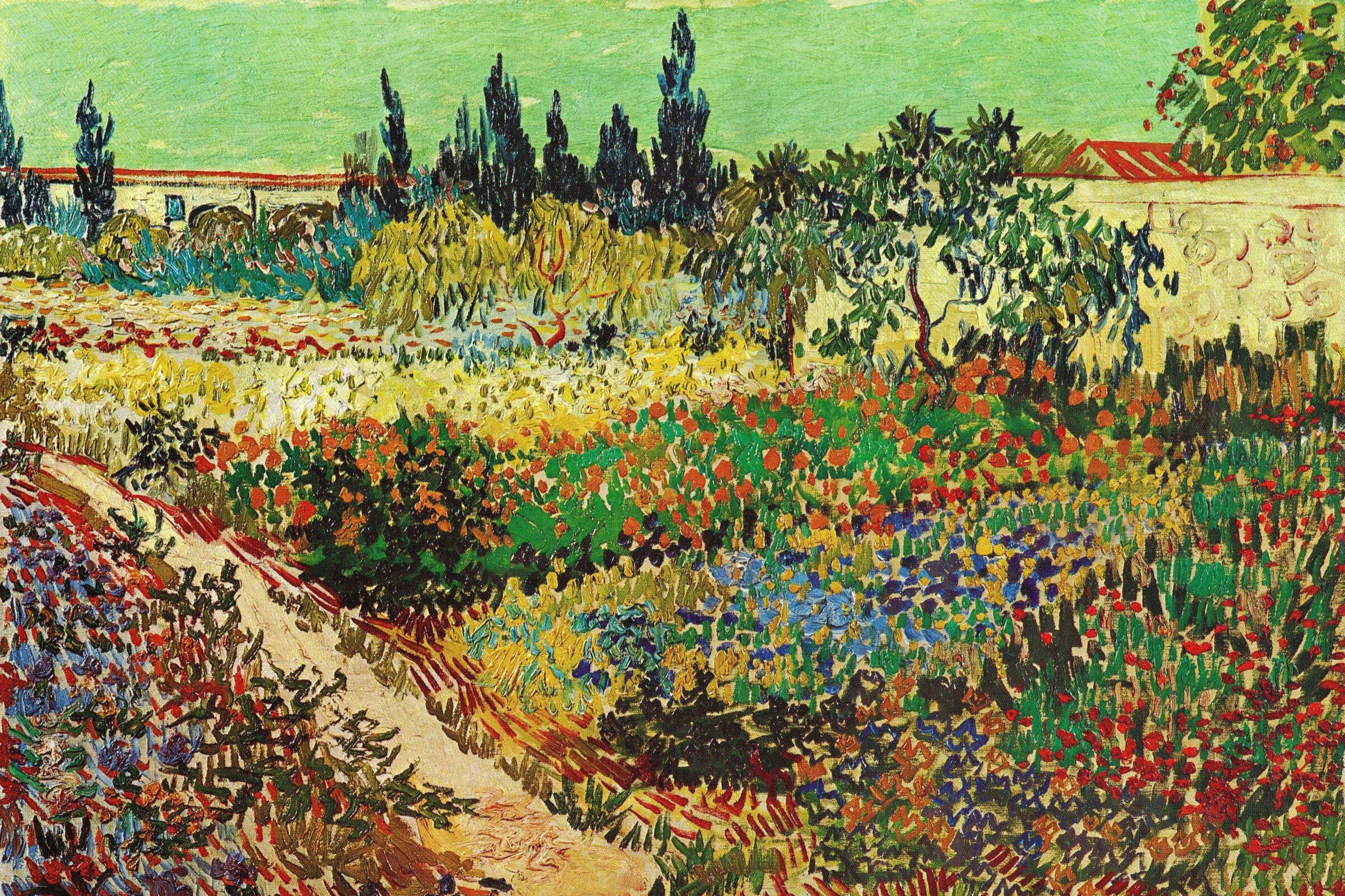 Painting of a bright, colorful garden with a winding dirt path surrounded by red, yellow, blue, and green flowers under a vivid green sky, by Vincent van Gogh.