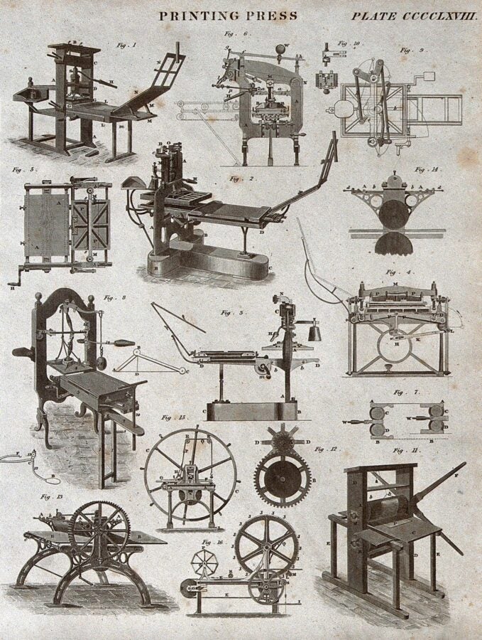 An 1830s engraving titled “Printing Press,” depicting detailed diagrams and labeled mechanical parts of various types of early printing presses and machinery.