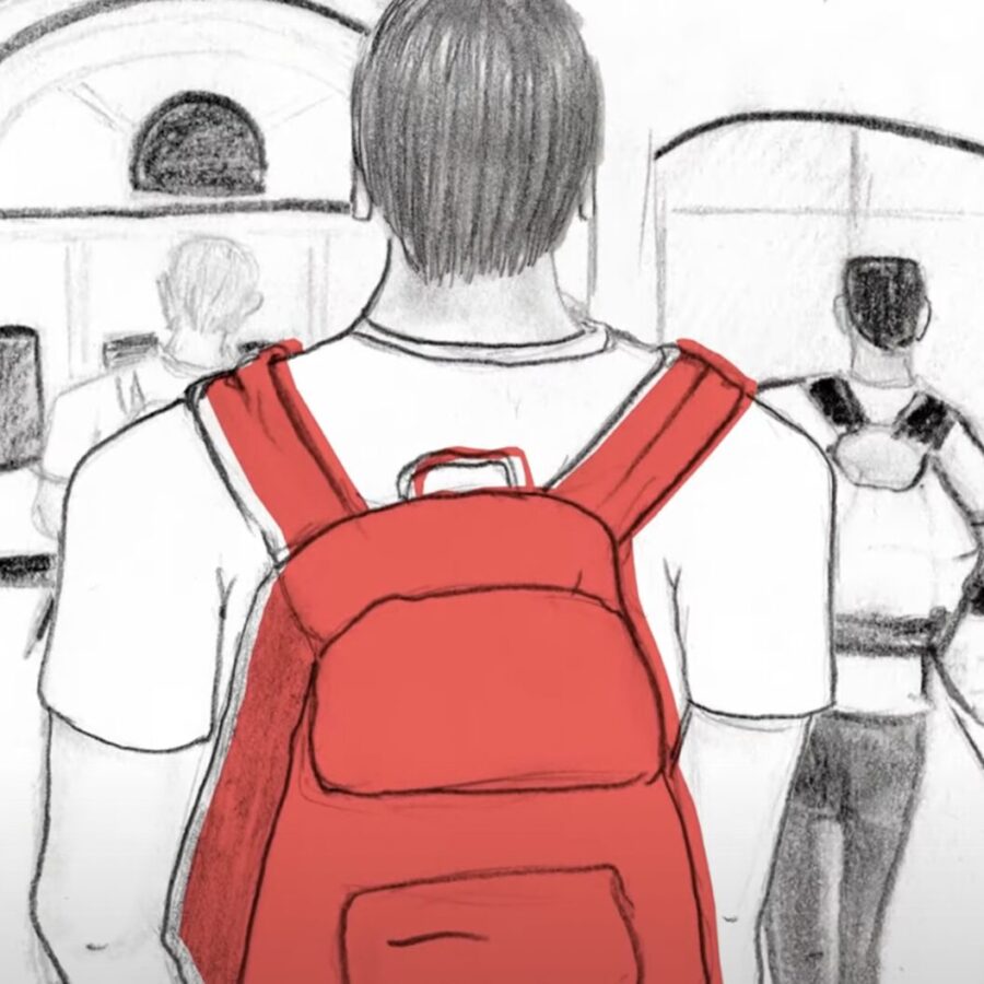 A pencil-style drawing showing a person wearing a red backpack walking through a hallway with two other people ahead.