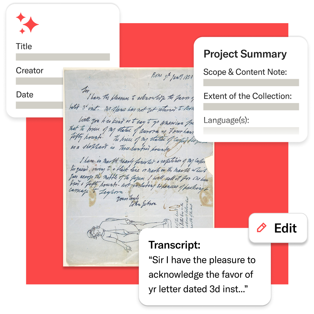 Historical handwritten letter displayed with editable metadata fields labeled Title, Creator, and Date, plus a transcript excerpt reading “Sir I have the pleasure to acknowledge the favor of yr letter dated 3d inst…”.