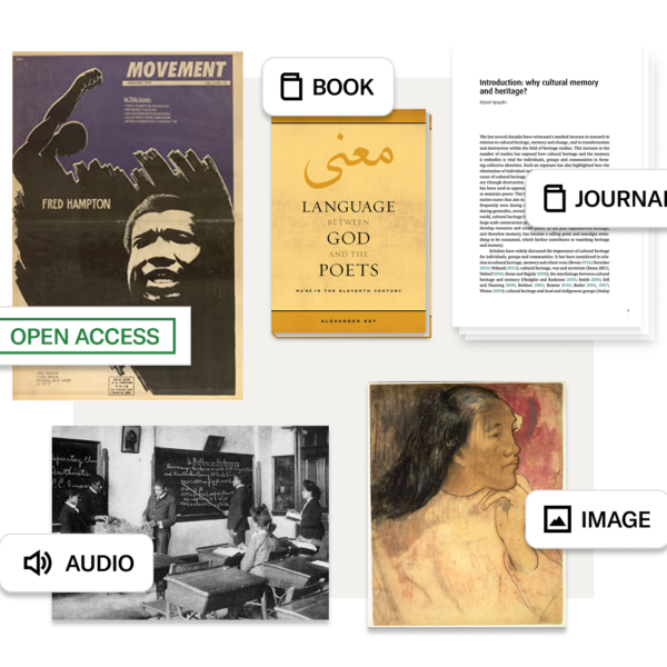 Collage of open access materials including posters, books, journals, and audio, each labeled by content type such as Book, Journal, Audio, and Image.