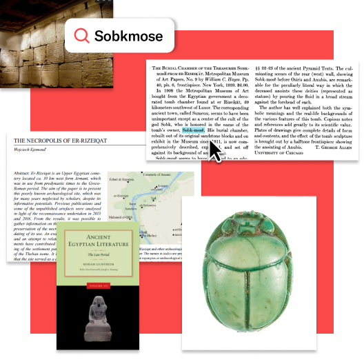 A collage combining scholarly texts, maps, and Egyptian artifacts related to “Sobkmose,” representing interconnected academic research on JSTOR.