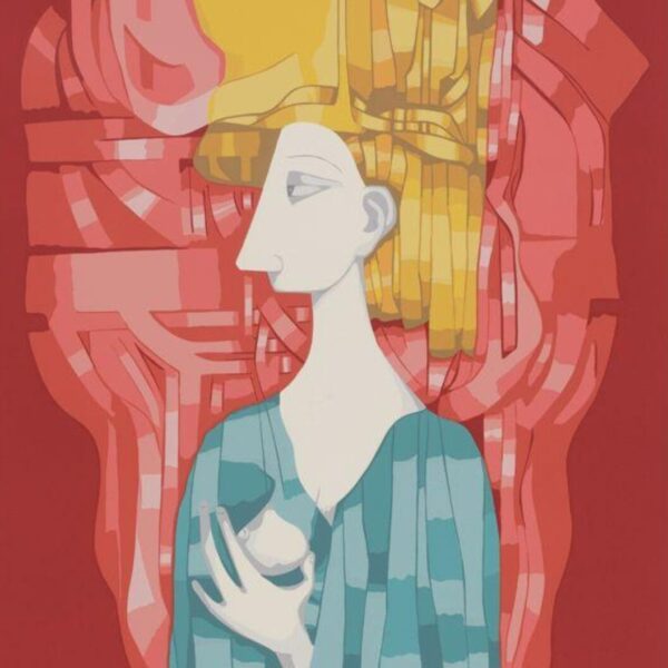 A stylized figure with exaggerated yellow hair holding a round fruit, set against layered red and teal abstract shapes.