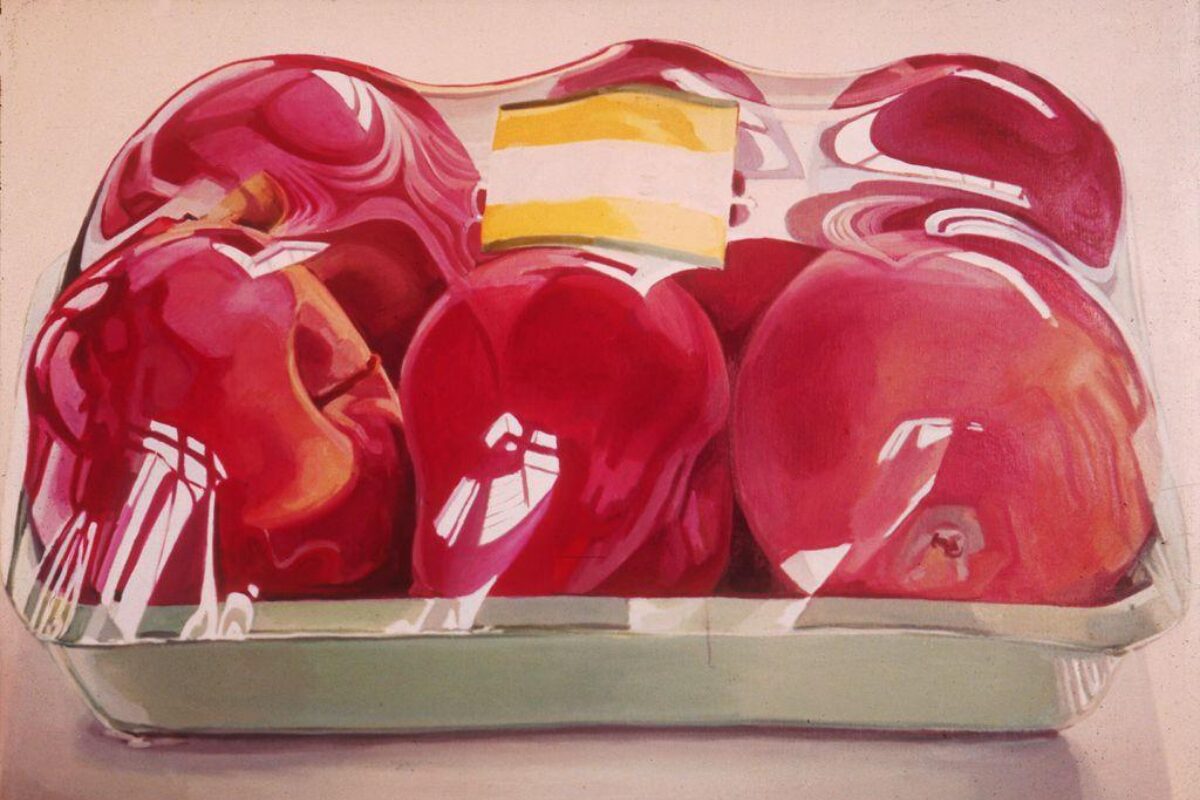 A still-life painting of bright red apples tightly packed in a clear plastic tray with a yellow-and-white label on top, the glossy wrapping creating reflections and highlights across the fruit.