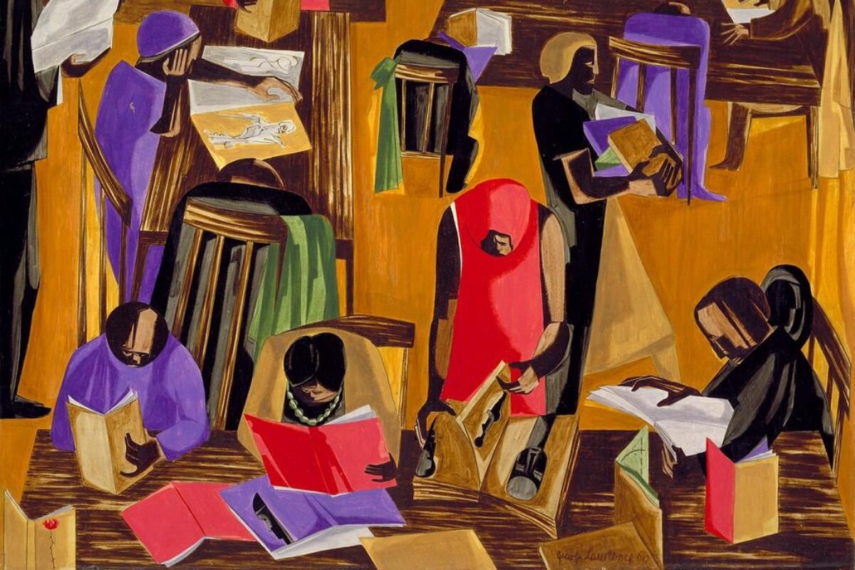 Painting by Jacob Lawrence titled "The Library" (1960), depicting a vibrant, abstracted scene of individuals reading and studying in a library. Figures are scattered across the composition, absorbed in books and materials, with warm tones of orange, yellow, purple, and red dominating the color palette, giving a sense of focus and intellectual engagement.