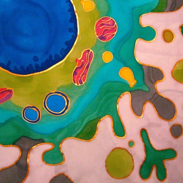 Abstract artwork resembling a colorful biological cell, with a blue circular center surrounded by green, yellow, and pink organic shapes outlined in gold.