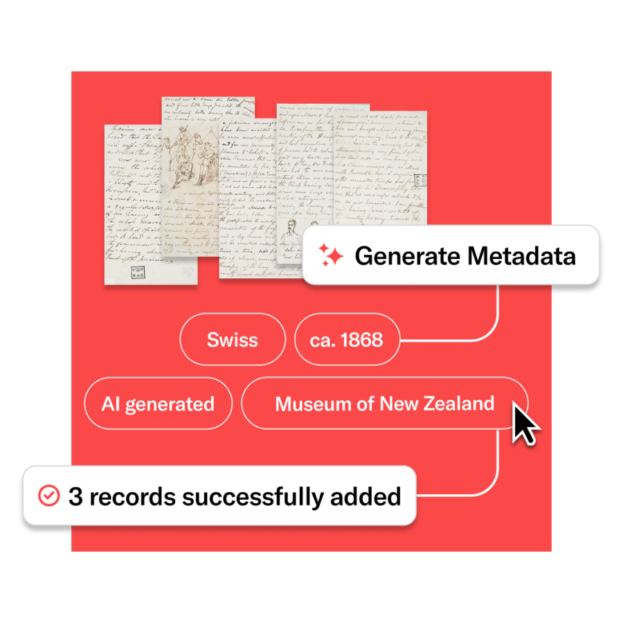Digitized handwritten documents with an interface showing AI-generated metadata tags such as ‘Swiss,’ ‘ca. 1868,’ and ‘Museum of New Zealand,’ next to a ‘Generate Metadata’ button and a confirmation message reading ‘3 records successfully added.’