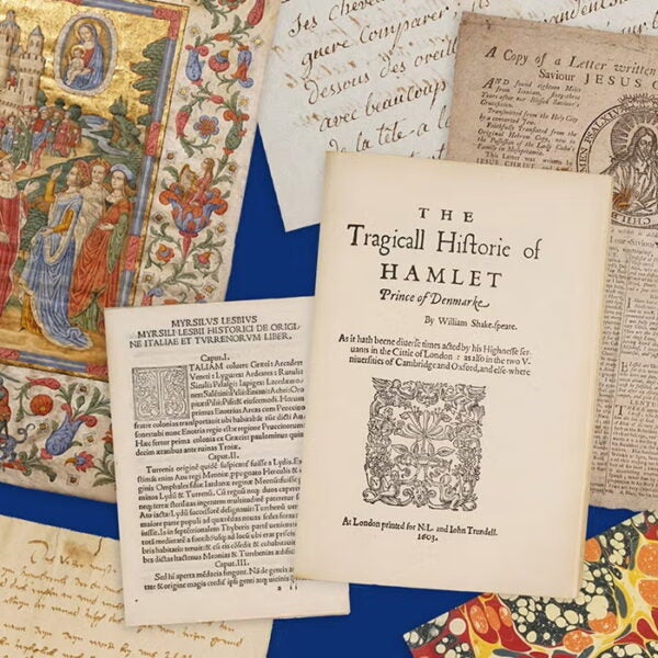 A collage of rare historical book pages, including an illuminated manuscript, handwritten letters, marbled paper, and a 1603 title page of The Tragicall Historie of Hamlet. From the Johns Hopkins University Stern Center’s Bibliotheca Fictiva collection on JSTOR.