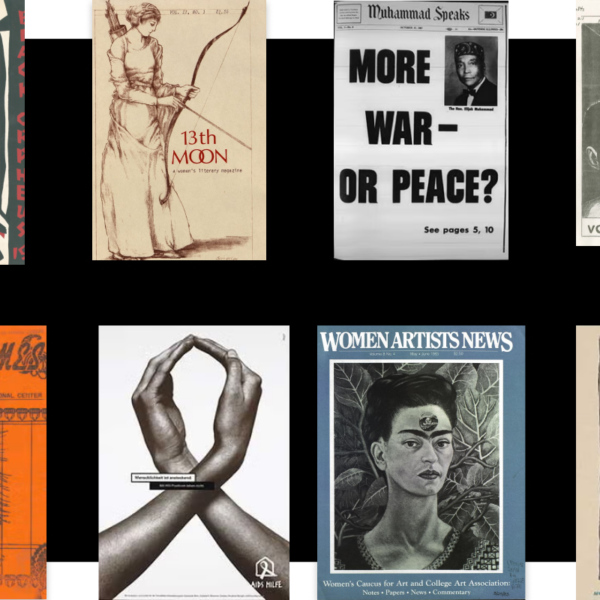 A grid of eight covers from alternative press publications across decades, including feminist, LGBTQ+, Black arts, and activist periodicals.