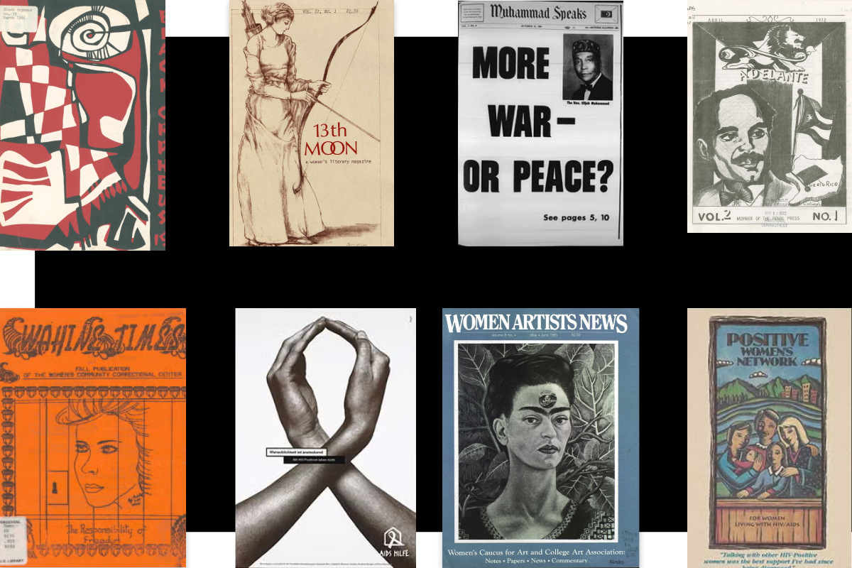 A grid of eight covers from alternative press publications across decades, including feminist, LGBTQ+, Black arts, and activist periodicals.