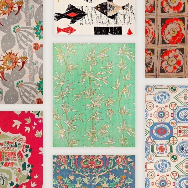 A grid of colorful textile designs from the Donald Brothers collection, including floral, geometric, and nature-inspired patterns in bright, varied palettes.