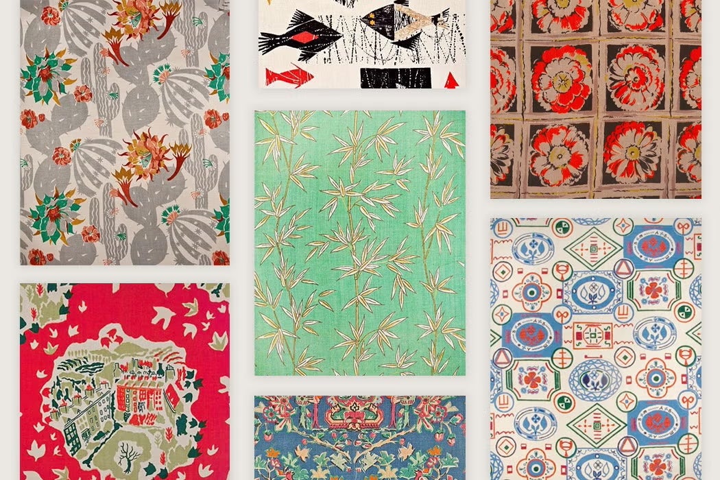 A grid of colorful textile designs from the Donald Brothers collection, including floral, geometric, and nature-inspired patterns in bright, varied palettes.