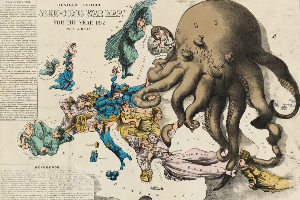 Colorful 1877 satirical map depicting European nations as caricatured figures and Russia as a giant octopus extending its tentacles.