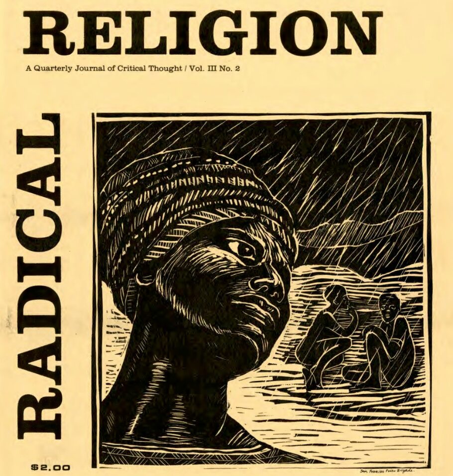 Cover of the journal Religion, featuring a bold black-and-cream woodcut-style illustration of a Black woman in the foreground and two seated figures in the background, with the title “Radical Feminism and Socialism.”