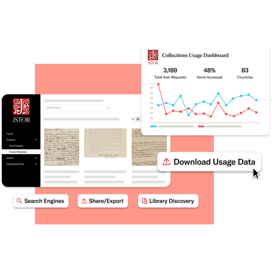 JSTOR Stewardship usage dashboard showing item access statistics, a line graph of activity over time, and options to download usage data and share collections.